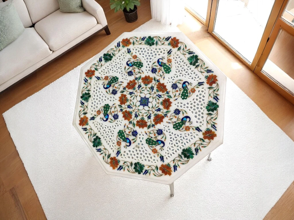 Artisan Coffee Table – Filigree Work and Inlay Stone Finish